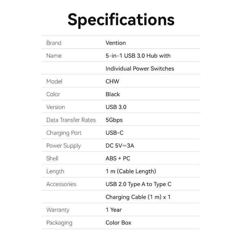 HUB Mở Rộng Đa Năng USB3.0 to 4*USB3.0 + Type C Power Switches VENTION CHW (5Gbps)