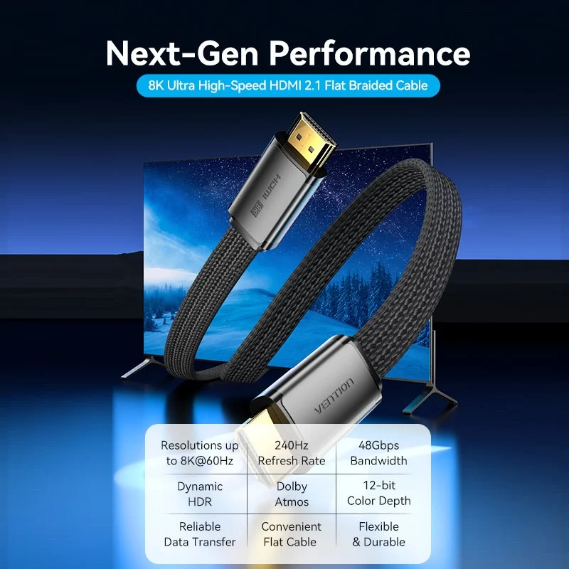 Cáp HDMI 8K dẹp vải dù siêu bền Vention Flat Nylon Braided HDMI-A Male to Male 8K HD Cable 2M - ALK (8K@60hz/ 4K@120Hz/144Hz, 48Gbps Bandwidth, HDR)