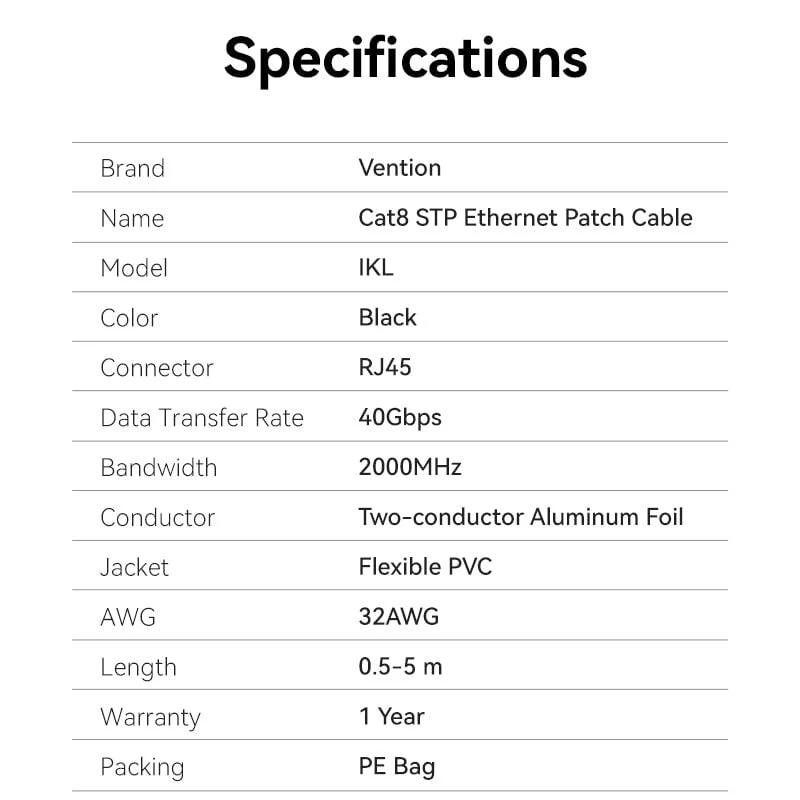 Dây Cáp Mạng Tốc Độ Cao STP Cat8 VENTION IKL (Đầu Xoay 360°, 40Gbps/2000MHz)