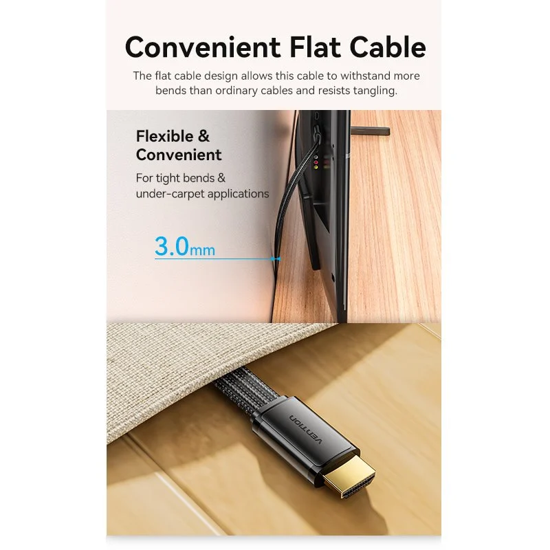 Cáp HDMI 8K dẹp vải dù siêu bền Vention Flat Nylon Braided HDMI-A Male to Male 8K HD Cable 2M - ALK (8K@60hz/ 4K@120Hz/144Hz, 48Gbps Bandwidth, HDR)