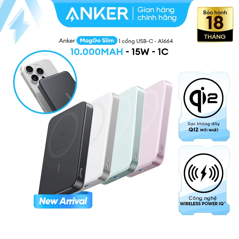 Pin Dự Phòng Từ Tính Kiêm Sạc Không Dây Qi2 1C ANKER Maggo A1664 10000mAh 30W (Sạc Không Dây Chuẩn Qi2 15W, ActiveShield™ 2.0, Wireless PowerIQ)