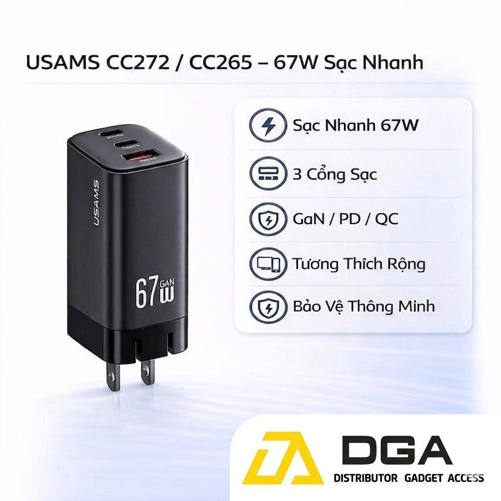 Củ Sạc Nhanh 2C+A USAMS CC272 67W chân dẹp, GaN Charger, 3 cổng sạc