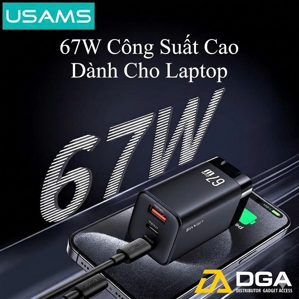 Củ Sạc Nhanh 2C+A USAMS CC272 67W chân dẹp, GaN Charger, 3 cổng sạc