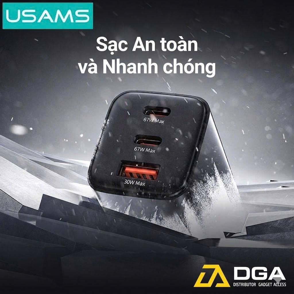 Củ Sạc Nhanh 2C+A USAMS CC272 67W chân dẹp, GaN Charger, 3 cổng sạc