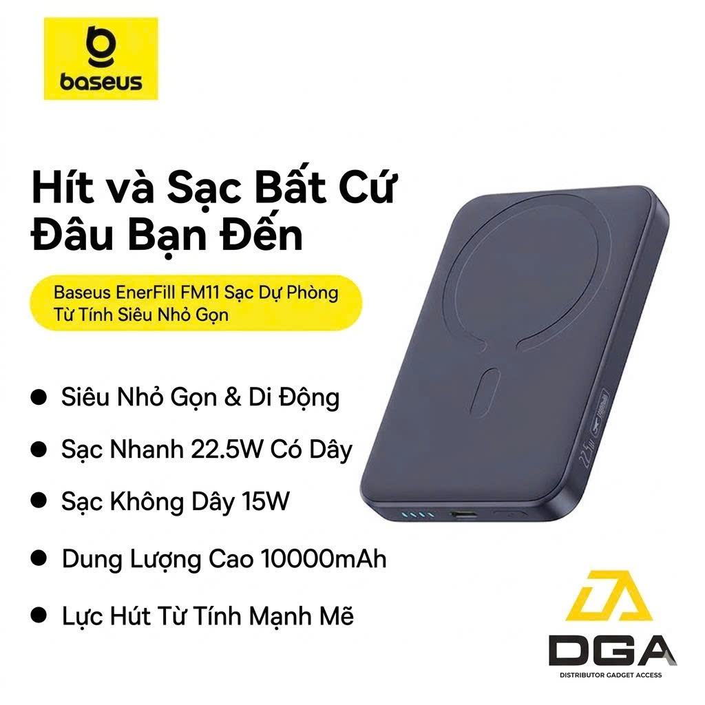 Pin Dự Phòng Không Dây Baseus EnerFill FM11 Ultra-Mini 10000mAh 22.5W (Sạc Không Dây 15W, Kèm Cáp C to C 0.3m 60W)