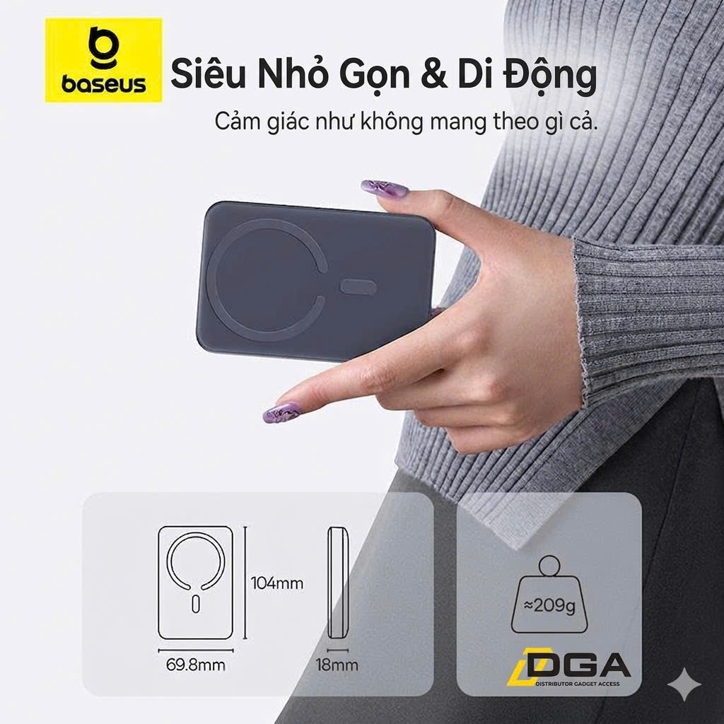 Pin Dự Phòng Không Dây Baseus EnerFill FM11 Ultra-Mini 10000mAh 22.5W (Sạc Không Dây 15W, Kèm Cáp C to C 0.3m 60W)