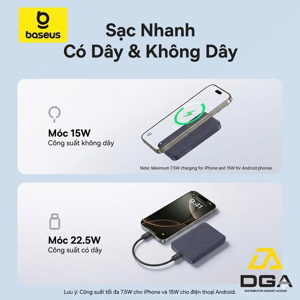 Pin Dự Phòng Không Dây Baseus EnerFill FM11 Ultra-Mini 10000mAh 22.5W (Sạc Không Dây 15W, Kèm Cáp C to C 0.3m 60W)