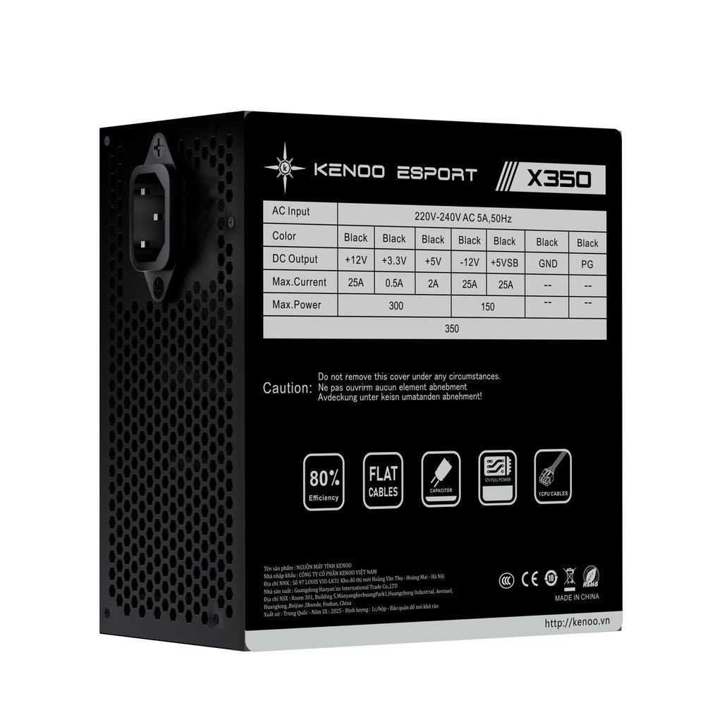 Nguồn máy tính KENOO ESPORT X350 - Màu Đen - Cáp dẹt