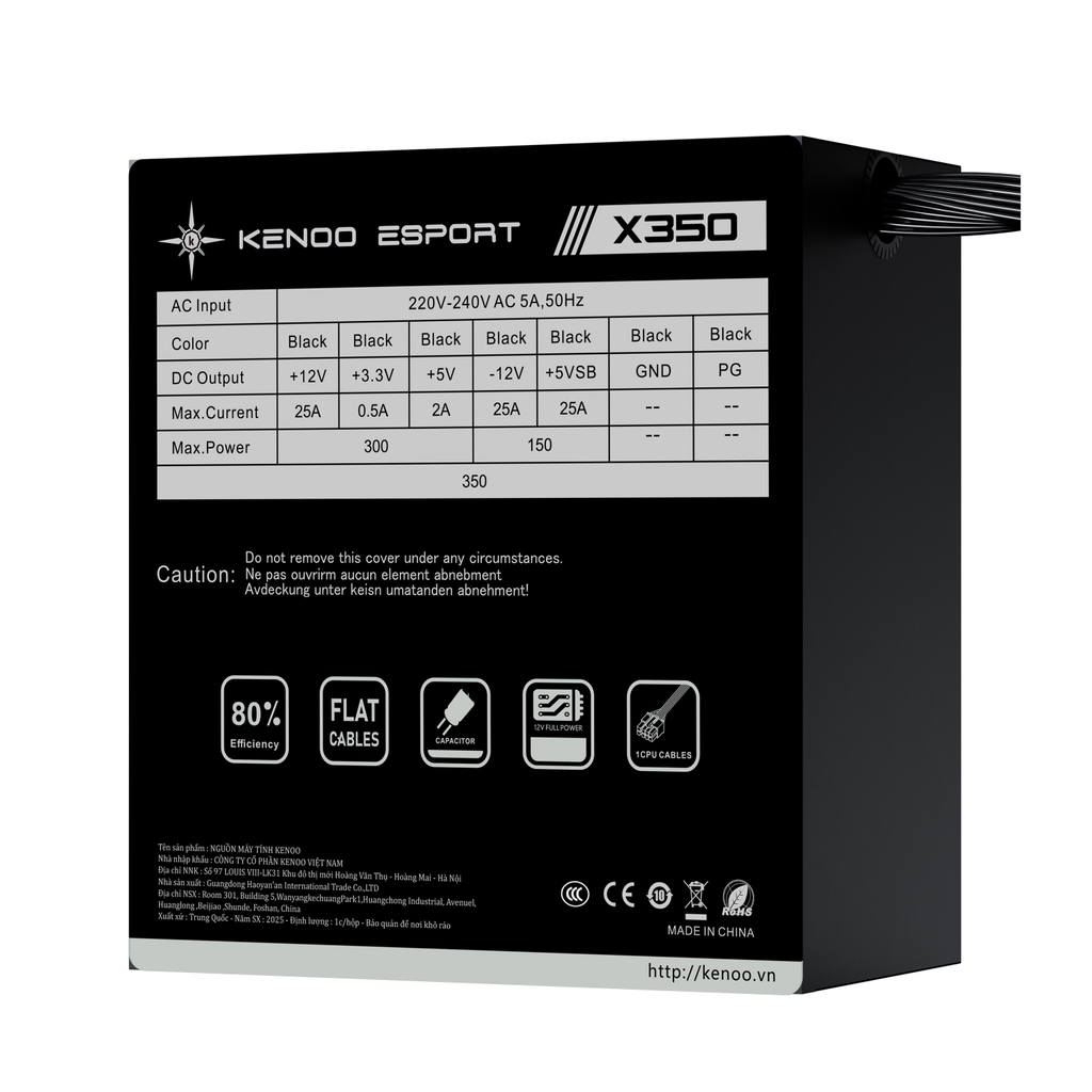 Nguồn máy tính KENOO ESPORT X350 - Màu Đen - Cáp dẹt