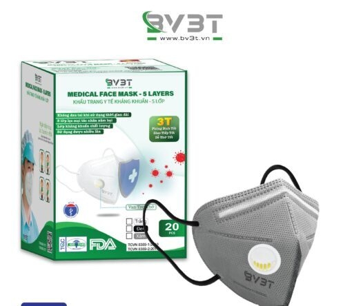  KHẨU TRANG Y TẾ KHÁNG KHUẨN BV3T CÓ VAN Thương hiệu: BV3T  Xuất xứ: VIỆT NAM  Thành phần: gồm 5 lớp  Lớp vải không dệt 