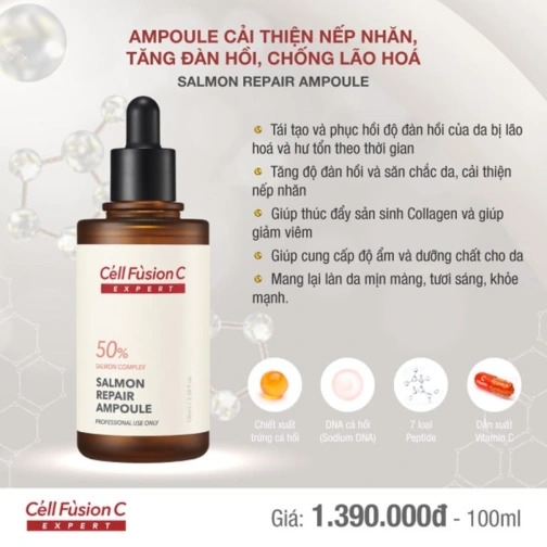 Salmon Repair Ampoule – Ampoule cải thiện nếp nhăn, tăng đàn hồi, chống lão hoá.  Thương hiệu: Cell Fusion C  Xuất xứ: Hàn Quốc 