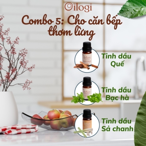 Bếp thơm nhà sạch 2.Thành phần: Tinh dầu bạc hà 10ml, sả chanh 10ml, bạch đàn chanh 10ml