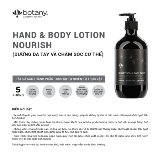  SỮA DƯỠNG TOÀN THÂN VÀ DA TAY HAND AND BODY LOTION NOURISH  2. Thương hiệu : BOTANY ESSENTIALS  3. Xuất xứ : ÚC