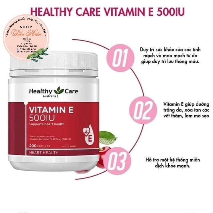 Viên Uống Vitamin E Healthy Care 500IU Hộp 200 Viên-ÚC