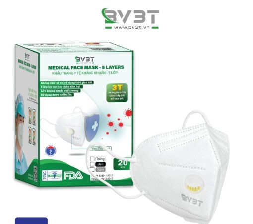  KHẨU TRANG Y TẾ KHÁNG KHUẨN BV3T CÓ VAN Thương hiệu: BV3T  Xuất xứ: VIỆT NAM  Thành phần: gồm 5 lớp  Lớp vải không dệt 