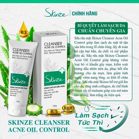 SỮA RỬA MẶT SKINZE ACNE OIL CONTROL CHO DA DẦU MỤN TRÀM TRÀ TRẦU KHÔNG KHỔ QUA BHA VITAMIN B5