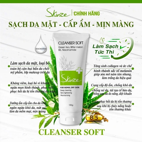 SỮA RỬA MẶT SKINZE CLEANSER SOFT CHO DA KHÔ THƯỜNG NHẠY CẢM TRÀ XANH TRÀM TRÀ KHỔ QUA B5 LÔ HỘI