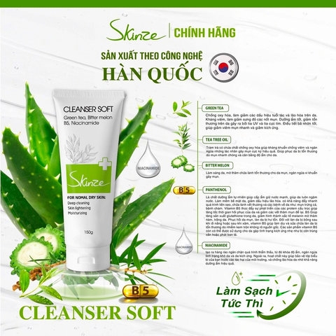 SỮA RỬA MẶT SKINZE CLEANSER SOFT CHO DA KHÔ THƯỜNG NHẠY CẢM TRÀ XANH TRÀM TRÀ KHỔ QUA B5 LÔ HỘI