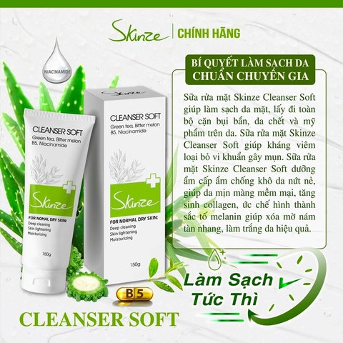 SỮA RỬA MẶT SKINZE CLEANSER SOFT CHO DA KHÔ THƯỜNG NHẠY CẢM TRÀ XANH TRÀM TRÀ KHỔ QUA B5 LÔ HỘI
