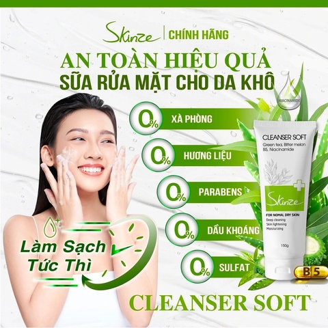 SỮA RỬA MẶT SKINZE CLEANSER SOFT CHO DA KHÔ THƯỜNG NHẠY CẢM TRÀ XANH TRÀM TRÀ KHỔ QUA B5 LÔ HỘI