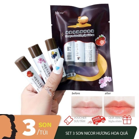 SET 3 SON DƯỠNG CÓ MÀU NICOR DƯỠNG ẨM CĂNG MỌNG MỀM MÔI VỊ HOA QUẢ - GDN