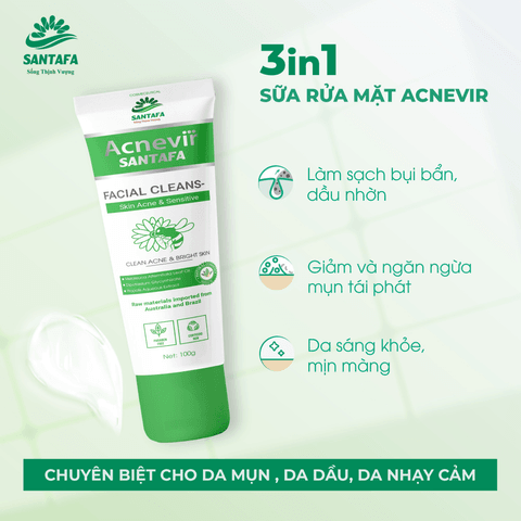 SỮA RỬA MẶT ACNEVIR SANTAFA CHIẾT XUẤT KEO ONG XANH THIÊN NHIÊN, AN TOÀN, DÀNH CHO MỌI LOẠI DA 100GR - SANTAFA