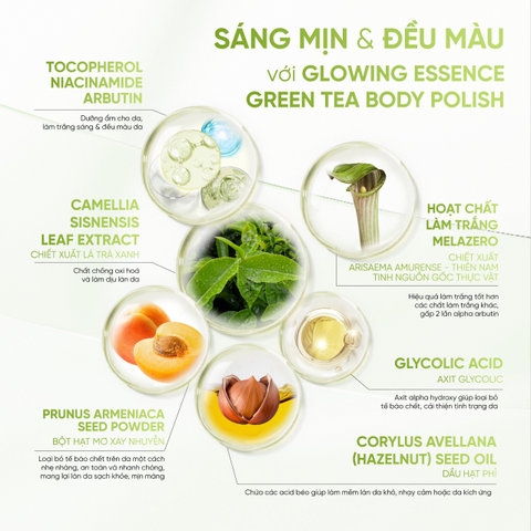 MUỐI TRÀ XANH TẨY TẾ BÀO CHẾT CƠ THỂ, GIÚP SÁNG DA, ĐỀU MÀU FREYA COSMOS GLOWING ESSENCE GREEN TEA BODY POLISH 150GR