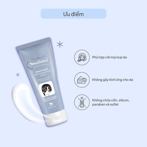 KEM DƯỠNG DA TAY CHIẾT XUẤT BƠ VÀ VANI HAND CREAM WITH AVOCADO OIL & VANILLA TEENILICIOUS ( TUÝP/60G)