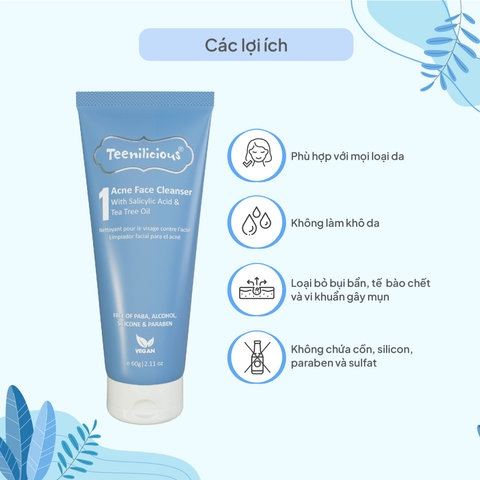 SỮA RỬA MẶT GIẢM MỤN ĐẦU ĐEN, ĐẦU TRẮNG DÀNH CHO DA NHẠY CẢM ACNE FACE CLEANSER- TEENILICIOUS TUÝP 60G