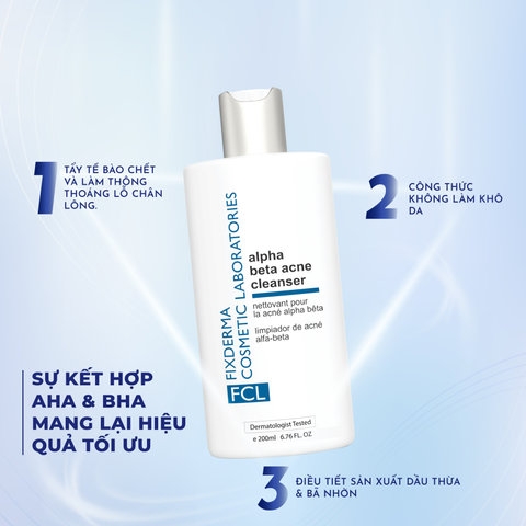 SỮA RỬA MẶT DÀNH CHO DA DẦU MỤN, KIỂM SOÁT DẦU NHỜN FCL ALPHA BETA ACNE CLEANSER - FIXDERMA TUÝP 200ML