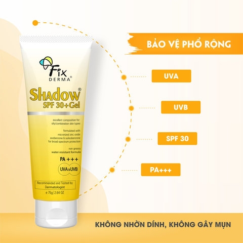 GEL CHỐNG NẮNG DÀNH CHO DA MỤN SHADOW SPF 30+ GEL - FIXDERMA TUÝP 75G