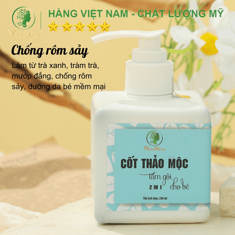 CỐT THẢO MỘC TẮM VÀ GỘI CHO BÉ, CHỐNG RÔM SẢY, DƯỠNG DA VÀ TÓC MỀM MẠI, THƠM THO WONMOM 250ML