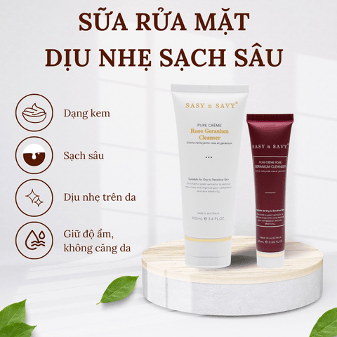 SỮA RỬA MẶT DỊU NHẸ SẠCH SÂU THUẦN CHAY HỮU CƠ PURE CREME ROSE GERANIUM CLEANER - SASY N SAVY