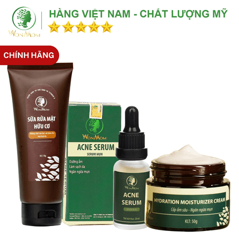 BỘ ĐÁNH BAY MỤN CỨNG ĐẦU CHUYÊN SÂU WONMOM (1 SỮA RỬA MẶT + 1 SERUM MỤN + 1 KEM CẤP ẨM)