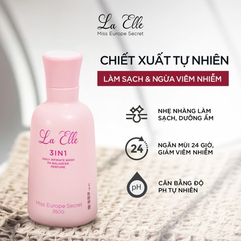DUNG DỊCH VỆ SINH PHỤ NỮ LA ELLE 3IN1 HƯƠNG THƠM DỊU NHẸ DÒNG CAO CẤP 350G CHIẾT XUẤT TỰ NHIÊN BẰNG CÔNG NGHỆ EU-NANO HỖ TRỢ LÀM SẠCH, DƯỠNG ẨM, KHỬ MÙI, CÂN BẰNG PH