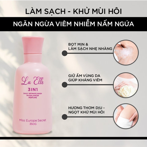DUNG DỊCH VỆ SINH PHỤ NỮ LA ELLE 3IN1 HƯƠNG THƠM DỊU NHẸ DÒNG CAO CẤP 350G CHIẾT XUẤT TỰ NHIÊN BẰNG CÔNG NGHỆ EU-NANO HỖ TRỢ LÀM SẠCH, DƯỠNG ẨM, KHỬ MÙI, CÂN BẰNG PH