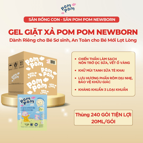 THÙNG 240 GÓI] GEL GIẶT XẢ NEWBORN DÀNH CHO BÉ SƠ SINH (0 - 12 THÁNG)- GÓI DÙNG THỬ 20ML - POM POM