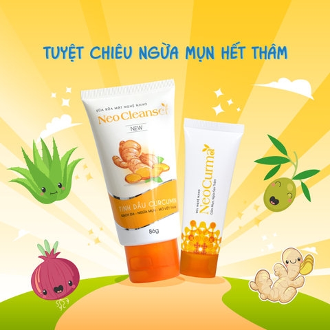 COMBO DƯỠNG DA NGỪA MỤN MỜ THÂM: SỮA RỬA MẶT, GEL CHẤM MỤN NANO NGHỆ CURCUMIN NEOSKIN AN TOÀN, LÀNH TÍNH