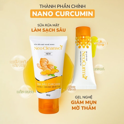 COMBO DƯỠNG DA NGỪA MỤN MỜ THÂM: SỮA RỬA MẶT, GEL CHẤM MỤN NANO NGHỆ CURCUMIN NEOSKIN AN TOÀN, LÀNH TÍNH