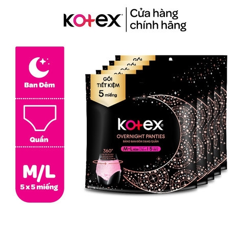 COMBO 5 BĂNG VỆ SINH KOTEX BAN ĐÊM DẠNG QUẦN CỠ M/L 5 MIẾNG