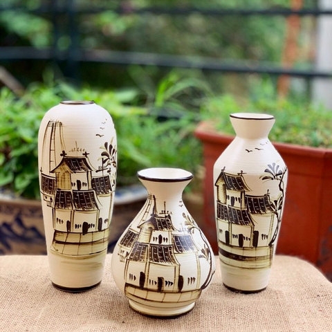 BỘ 3 BÌNH GỐM VẼ HOA BÁT TRÀNG LÀM QUÀ TẶNG,