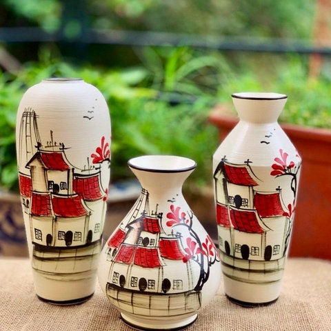 BỘ 3 BÌNH GỐM VẼ HOA BÁT TRÀNG LÀM QUÀ TẶNG,