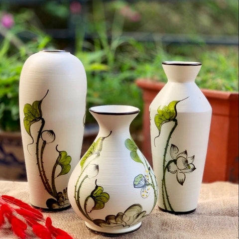 BỘ 3 BÌNH GỐM VẼ HOA BÁT TRÀNG LÀM QUÀ TẶNG,