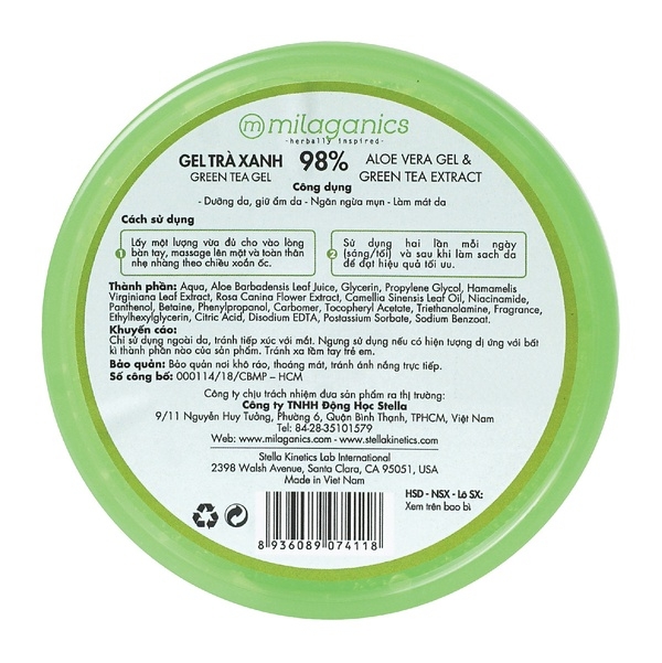 GEL TRÀ XANH CẤP ẨM DA, GIẢM MỤN TỪ TINH DẦU TRÀ XANH TỰ NHIÊN 300ML - MILAGANICS