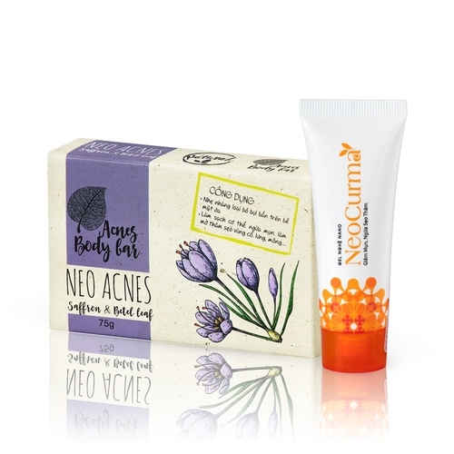 BỘ ĐÔI GIẢM MỤN MỜ THÂM LƯNG, BODY - XÀ PHÒNG SAFFRON 75G VÀ GEL NGHỆ NANO NEOCURMA 20G - NEO ACNES