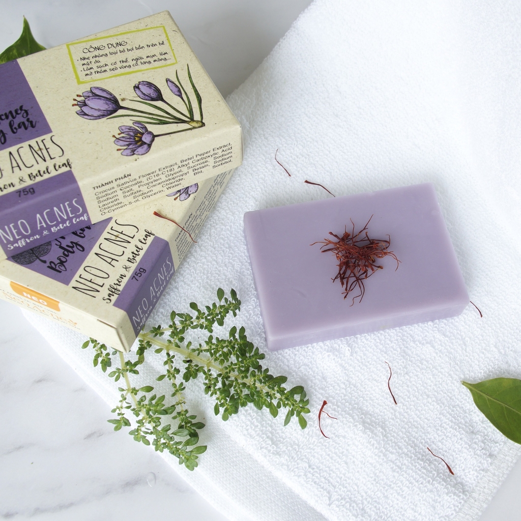 BỘ ĐÔI GIẢM MỤN MỜ THÂM LƯNG, BODY - XÀ PHÒNG SAFFRON 75G VÀ GEL NGHỆ NANO NEOCURMA 20G - NEO ACNES