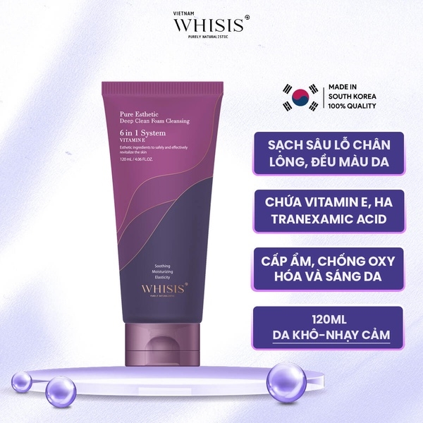 SỮA RỬA MẶT TRẮNG DA VITAMIN E PURE ESTHETIC DEEP CLEAN FOAM CLEANSING 120ML - WHISIS