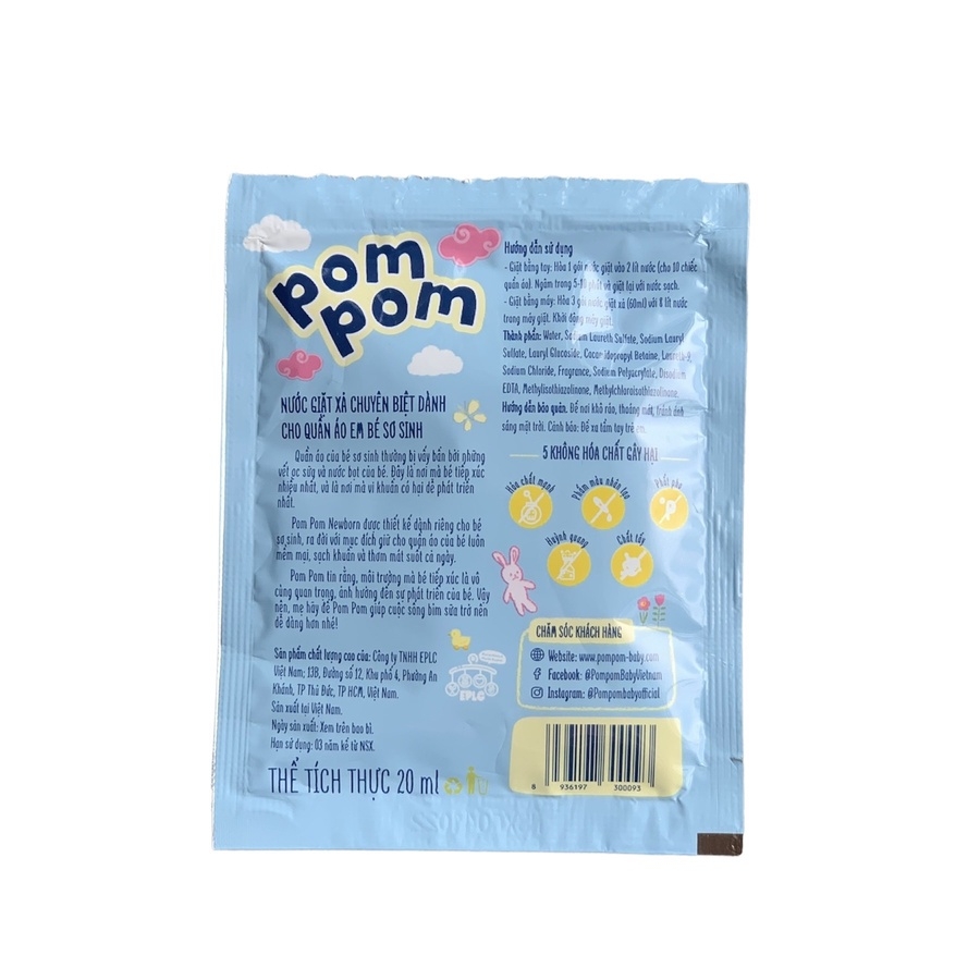 THÙNG 240 GÓI] GEL GIẶT XẢ NEWBORN DÀNH CHO BÉ SƠ SINH (0 - 12 THÁNG)- GÓI DÙNG THỬ 20ML - POM POM