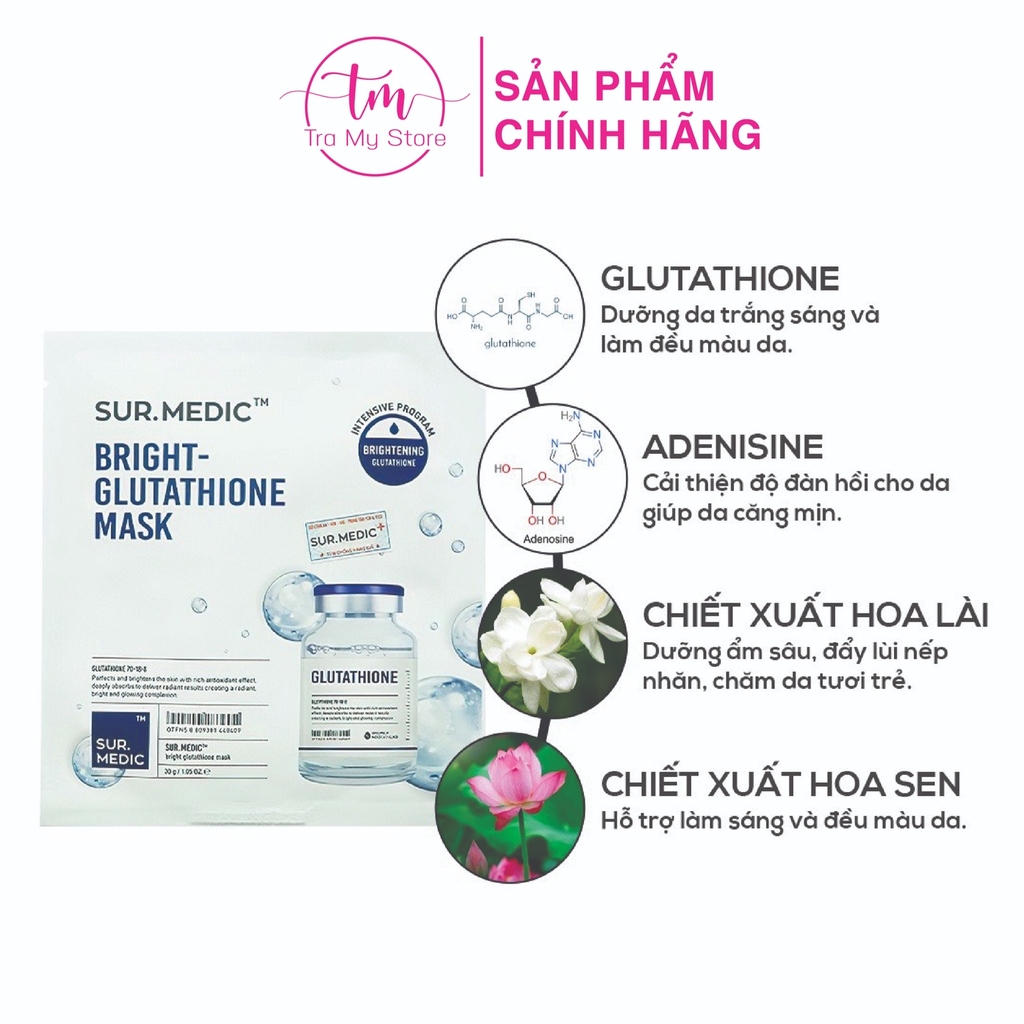 MẶT NẠ DƯỠNG TRẮNG SUR MEDIC BRIGHT GLUTATHIONE MASK HỘP 10 MIẾNG - GLUTATHIONE MASK