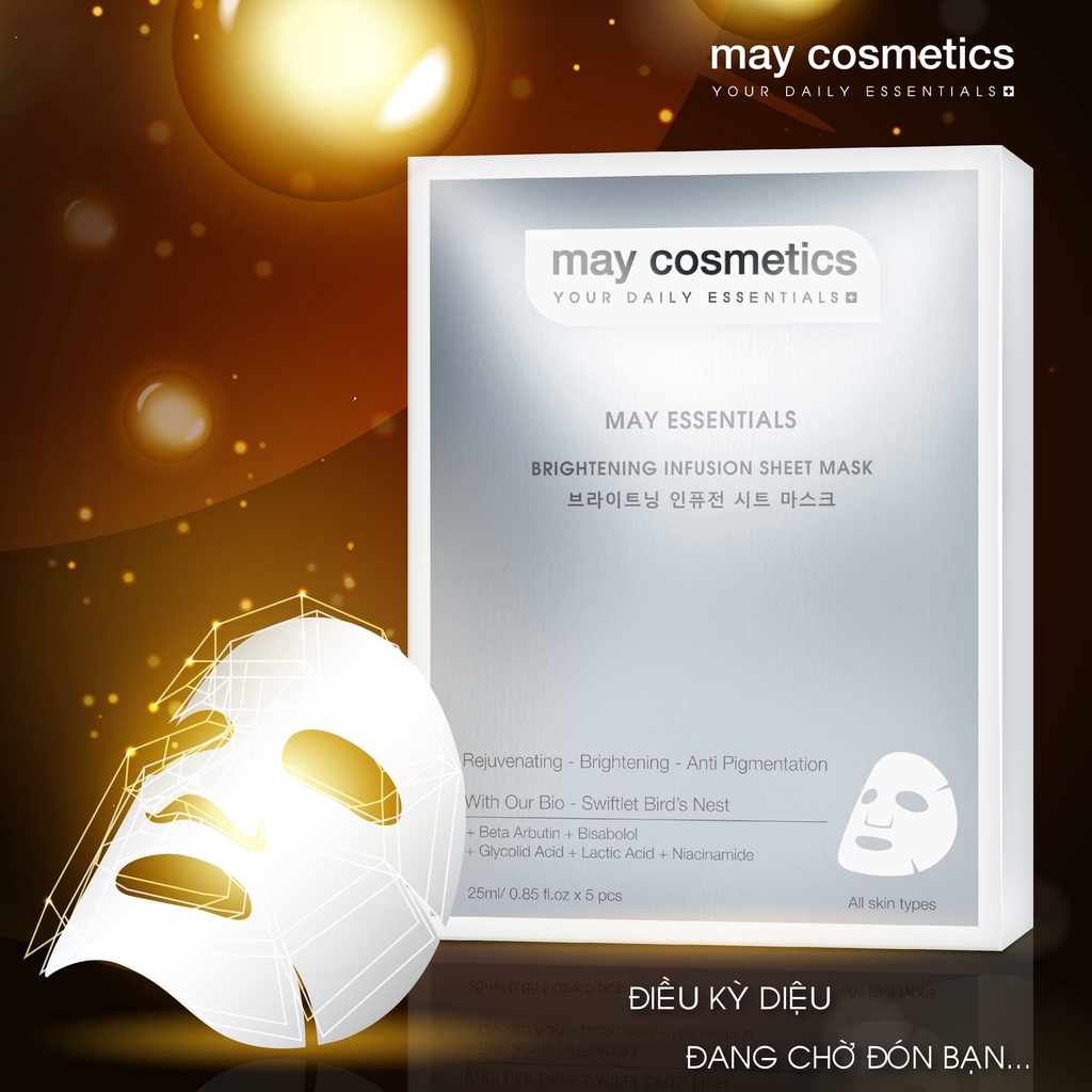 HỘP 5 MIẾNG MẶT NẠ MAY ESSENTIALS BRIGHTENING INFUSION SHEET MASK - MAY COSMETICS
